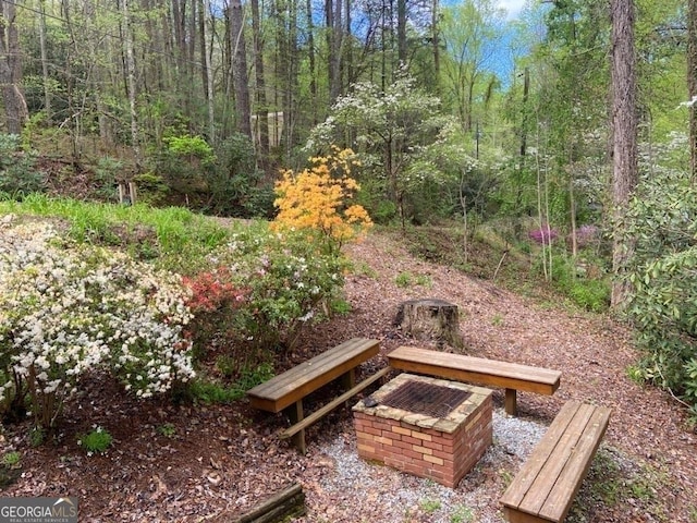 view of yard with an outdoor fire pit and a view of trees