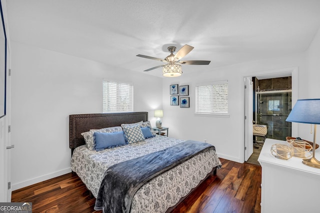 bedroom with wood-type flooring, baseboards, and a ceiling fan