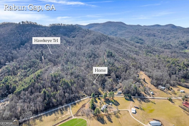 aerial view featuring a forest view and a mountain view