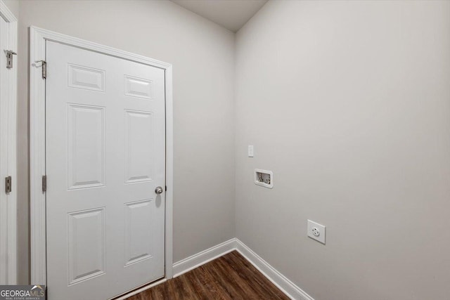 laundry room with hookup for an electric dryer, laundry area, washer hookup, dark wood-style flooring, and baseboards