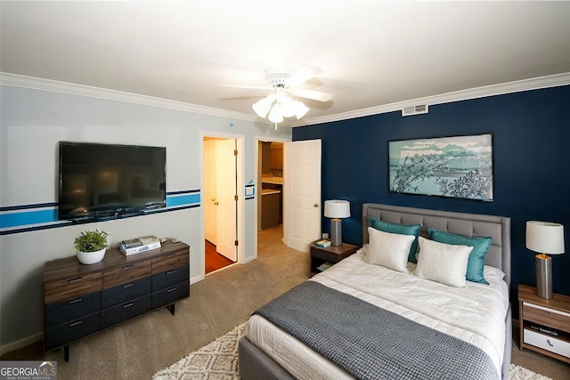 bedroom with baseboards, carpet floors, and ornamental molding