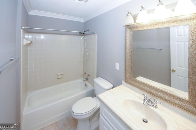 half bathroom with baseboards, ornamental molding, toilet, and vanity