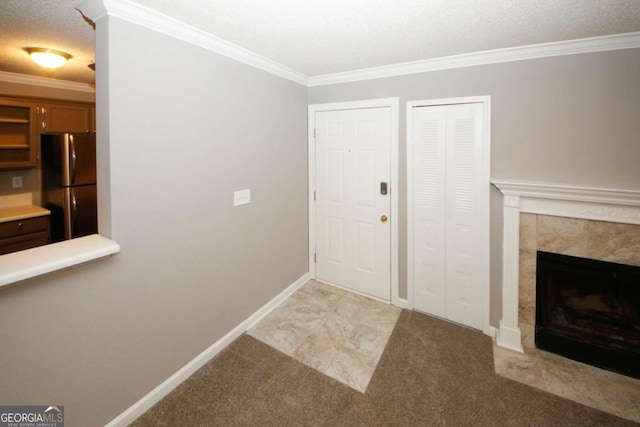 dining space with ornamental molding, french doors, and carpet