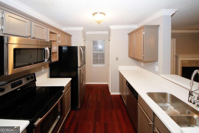 kitchen with a peninsula, dishwasher, a ceiling fan, open floor plan, and freestanding refrigerator