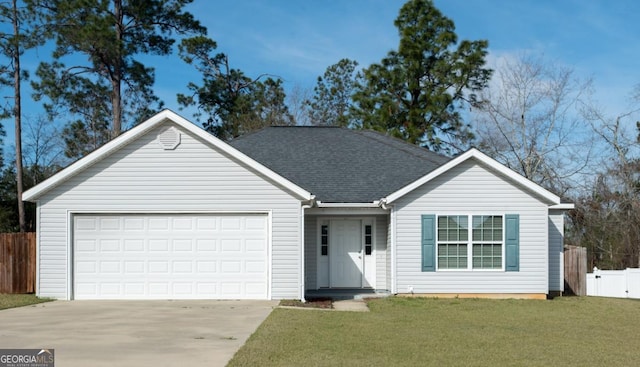 ranch-style house with a garage, concrete driveway, roof with shingles, fence, and a front lawn