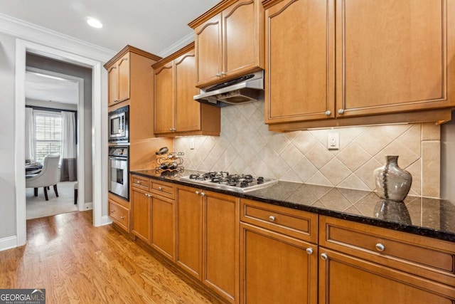 kitchen featuring under cabinet range hood, appliances with stainless steel finishes, light wood-type flooring, dark stone counters, and tasteful backsplash