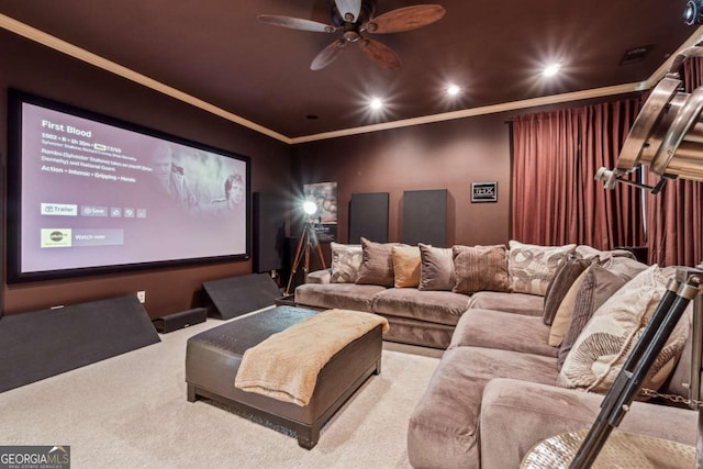 carpeted cinema room featuring ceiling fan, recessed lighting, and crown molding