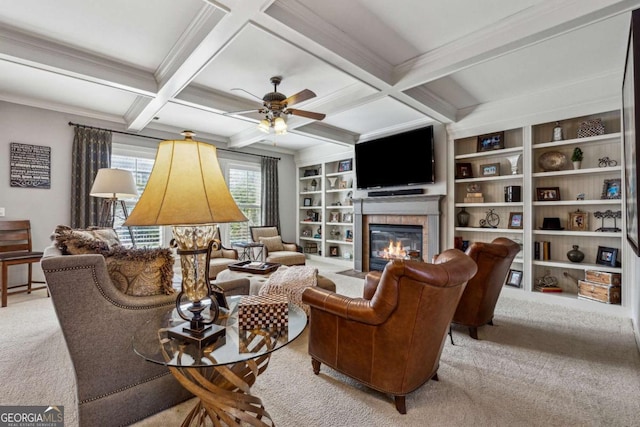 living room featuring built in features, coffered ceiling, a fireplace with flush hearth, carpet, and beam ceiling