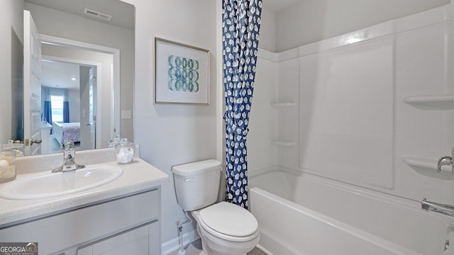 bathroom with toilet, shower / washtub combination, vanity, and visible vents