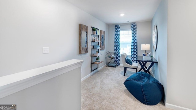 home office featuring carpet and baseboards