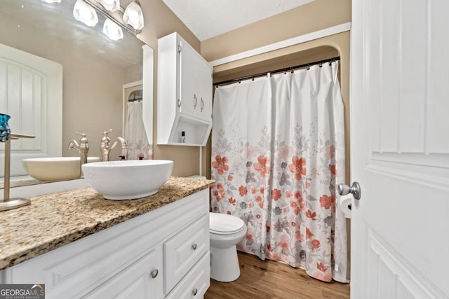 full bathroom featuring toilet, a shower with shower curtain, wood finished floors, and vanity