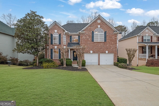 view of front of home featuring a shingled roof, concrete driveway, an attached garage, a front yard, and brick siding