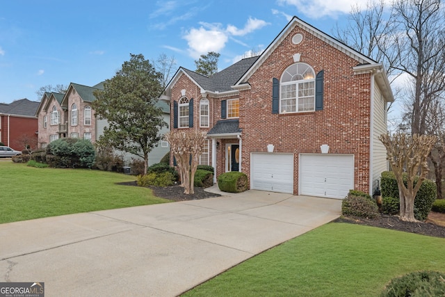 traditional-style home featuring a garage, a front lawn, concrete driveway, and brick siding