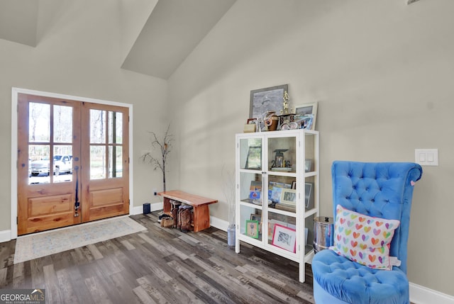 90 Jefferson Rd, Statham, GA 30666 - foyer entrance featuring baseboards, wood finished floors, high vaulted ceiling, and french doors