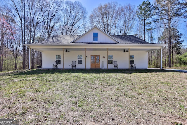 90 Jefferson Rd, Statham, GA 30666 - view of front of house with a patio area, a ceiling fan, french doors, and a front lawn