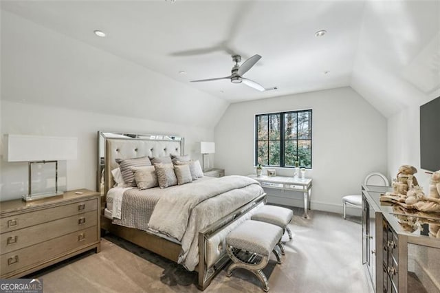 bedroom with light colored carpet, baseboards, ceiling fan, and vaulted ceiling