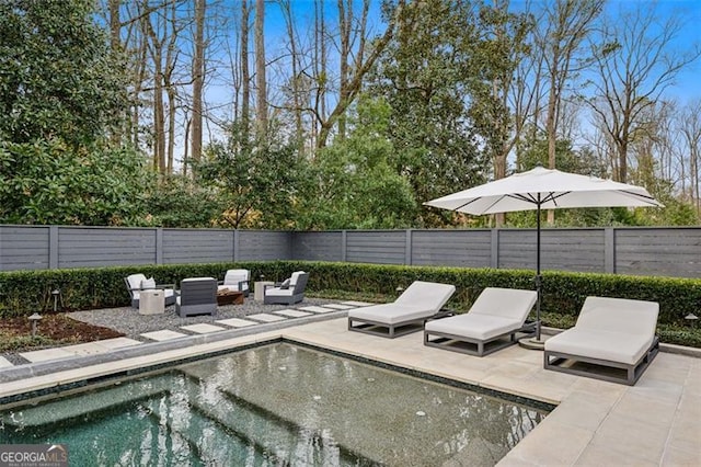 view of swimming pool featuring a patio area, a fenced in pool, and a fenced backyard