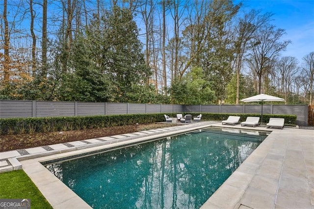 view of swimming pool featuring a patio, fence, and a fenced in pool