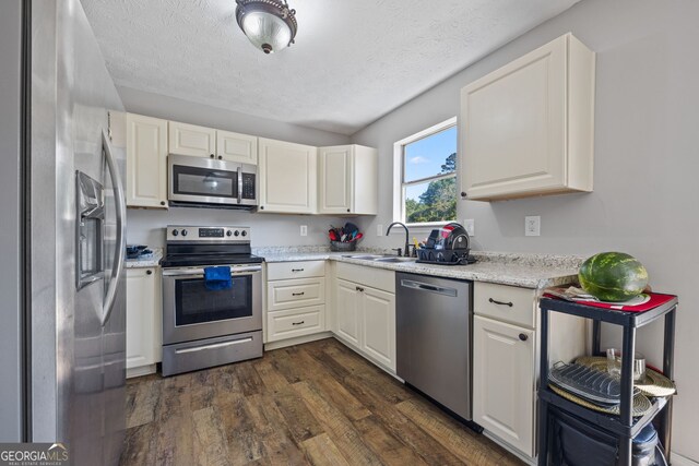 kitchen with appliances with stainless steel finishes, dark wood-style flooring, a sink, and a textured ceiling