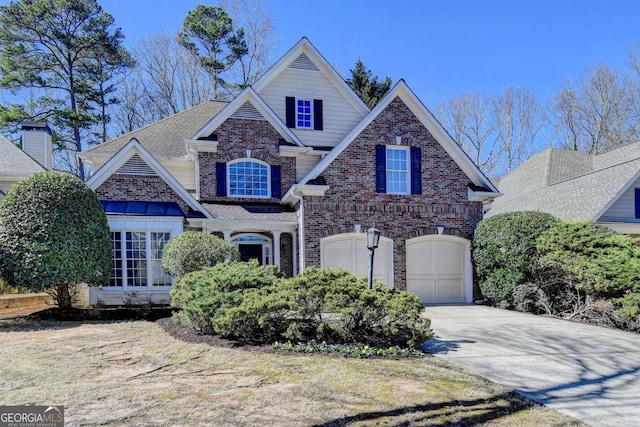 view of front of house with a garage, concrete driveway, brick siding, and roof with shingles