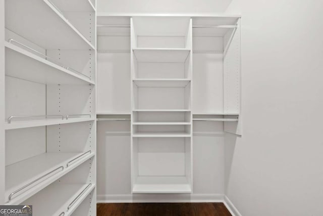 spacious closet with dark wood-type flooring