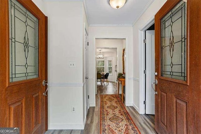 foyer entrance featuring baseboards, wood finished floors, and crown molding