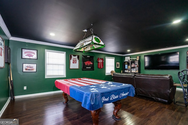 playroom with recessed lighting, ornamental molding, wood finished floors, billiards, and baseboards