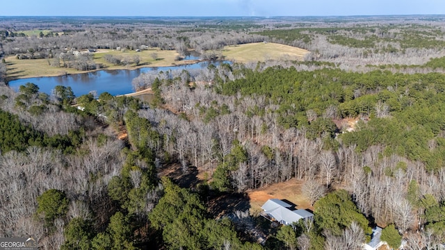 drone / aerial view featuring a forest view and a water view