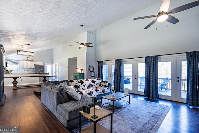 living room with french doors, dark wood-type flooring, and plenty of natural light