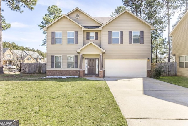 141 Back Cedar Ln, Warner Robins, GA 31093 - view of front facade featuring brick siding, an attached garage, fence, driveway, and a front lawn