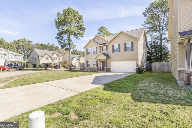 141 Back Cedar Ln, Warner Robins, GA 31093 - traditional-style house featuring driveway, a residential view, an attached garage, fence, and a front yard