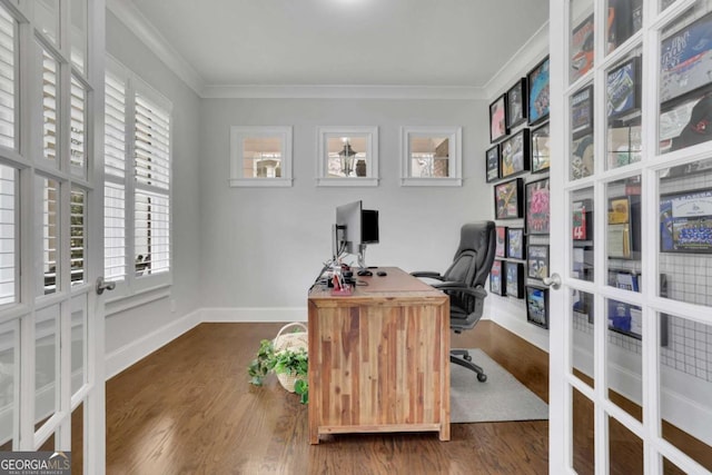 office space featuring crown molding, french doors, baseboards, and wood finished floors