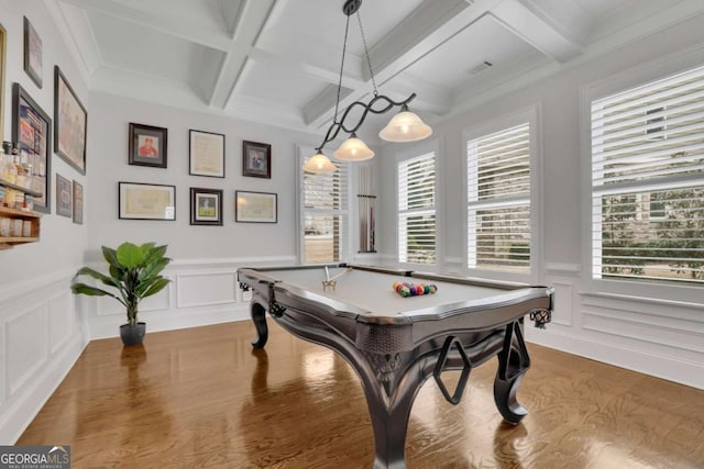 game room with a decorative wall, beamed ceiling, wood finished floors, coffered ceiling, and pool table