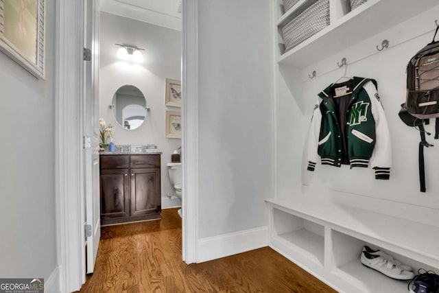 mudroom with dark wood finished floors