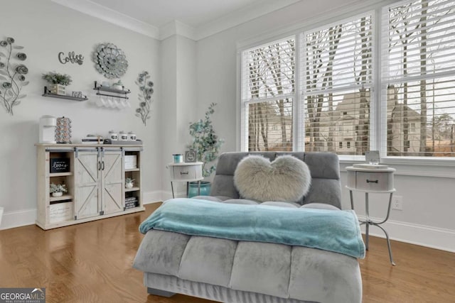 bedroom featuring wood finished floors, baseboards, and ornamental molding