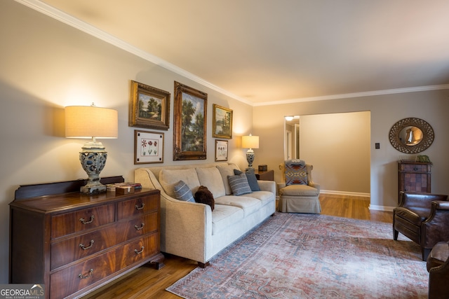 living area with baseboards, wood finished floors, and crown molding