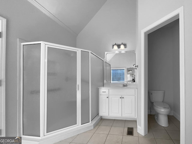 bathroom featuring lofted ceiling, a shower stall, visible vents, and tile patterned floors