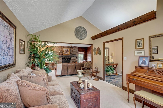 living area with carpet floors, a fireplace, a textured ceiling, and lofted ceiling