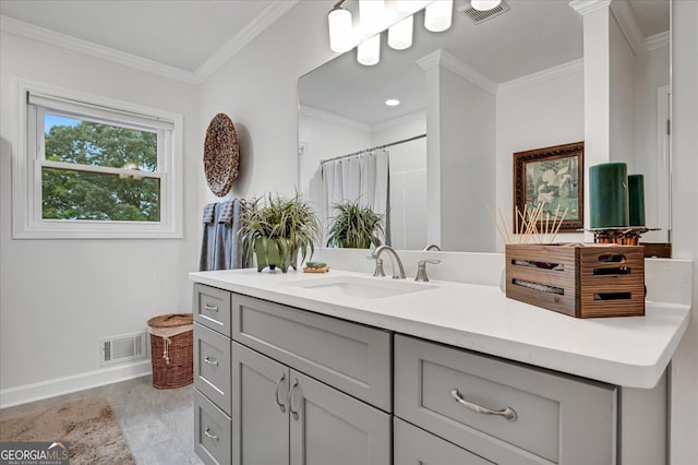 bathroom featuring vanity, visible vents, crown molding, and a shower with shower curtain