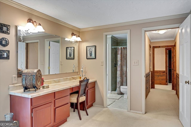 full bathroom with a textured ceiling, toilet, vanity, ornamental molding, and a shower with curtain