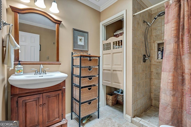 full bath with ornamental molding, a shower stall, and vanity