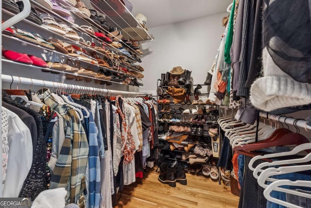 walk in closet with wood finished floors