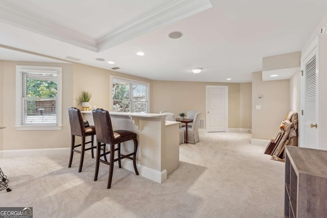 bar with recessed lighting, baseboards, ornamental molding, and light colored carpet