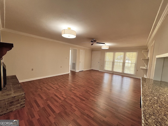 unfurnished living room with a ceiling fan, ornamental molding, baseboards, and dark wood finished floors