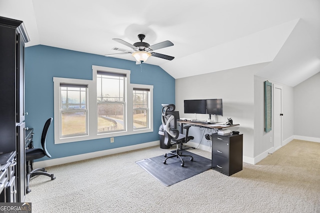 office with lofted ceiling, carpet, a ceiling fan, and baseboards