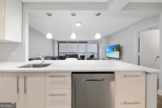 620 Peachtree St Unit 503, Atlanta, GA 30308 - kitchen with open floor plan, white cabinets, a sink, light stone countertops, and dishwasher