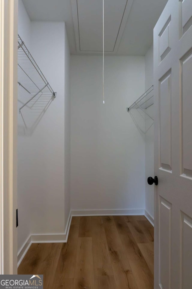 walk in closet with attic access and light wood-style flooring