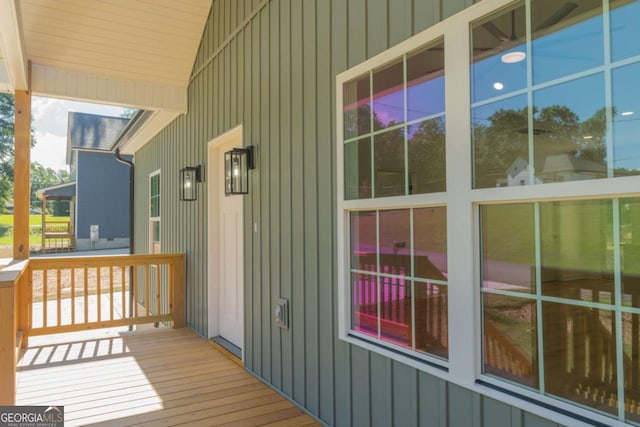 property entrance with board and batten siding