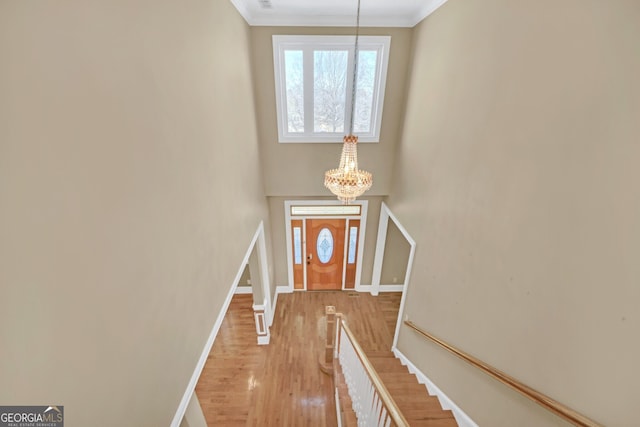 foyer with a chandelier, crown molding, light wood-style flooring, and a healthy amount of sunlight