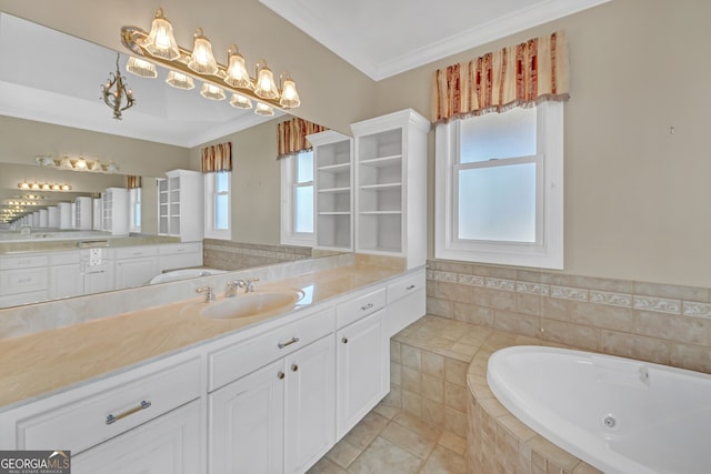 full bath with ornamental molding, tile patterned flooring, a garden tub, and vanity